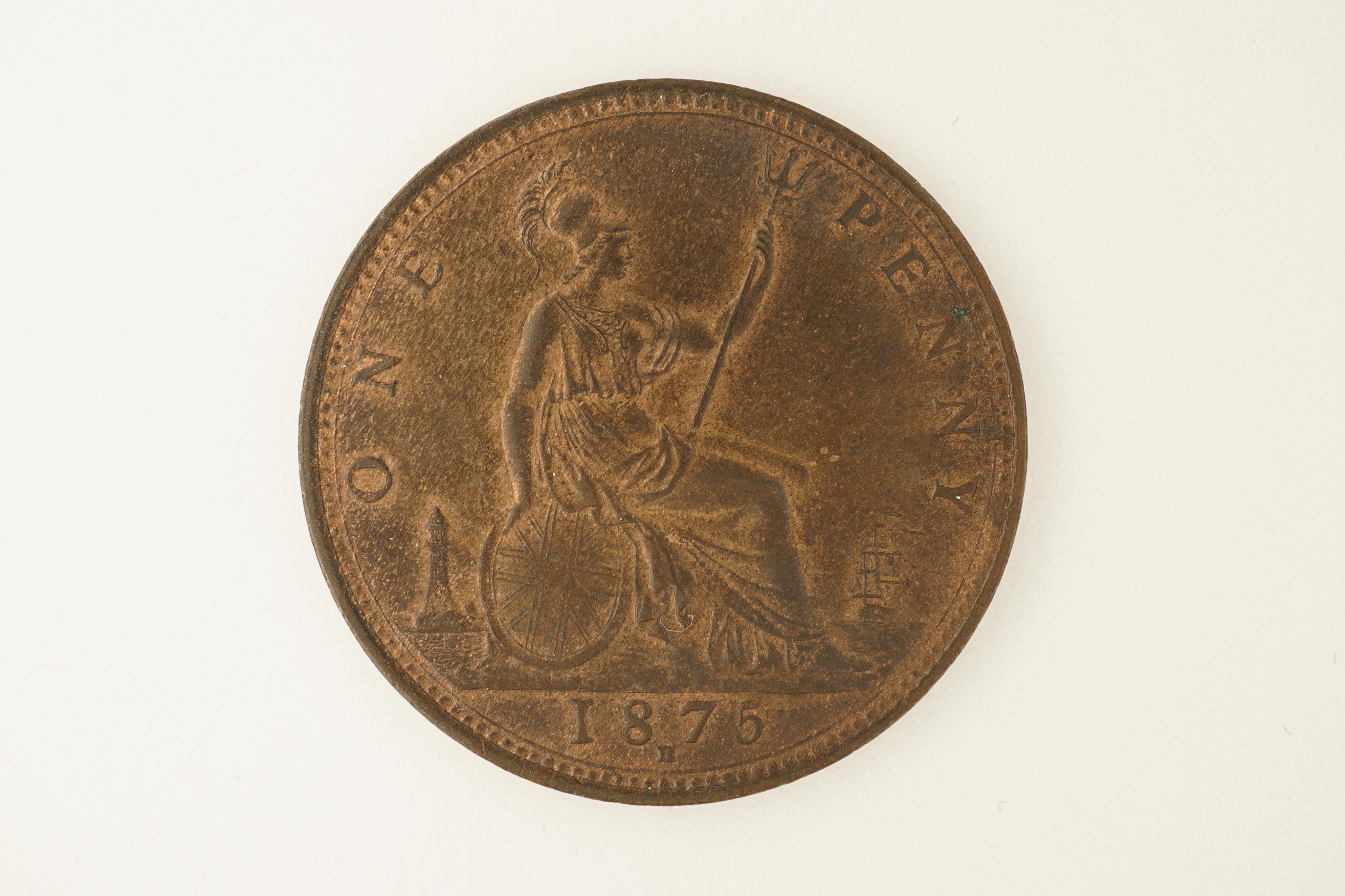 British coins, Victoria, bronze penny, 1875, H below date, Heaton mint, Fr. 85, Gouby dies L/k, scratches to face of Victoria otherwise EF, dark toned, slight lustre, scarce in this grade
